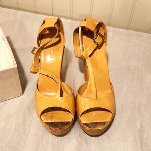Jimmy Choo nude patent leather strappy cork wedge sandal 39/9